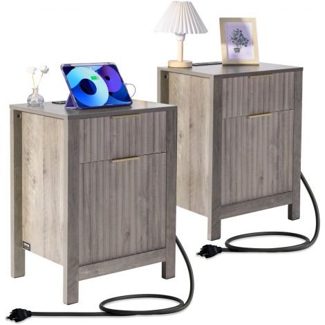Lot de 2 Table d'appoint de ferme, table de chevet carrée avec ports et prises USB gris (1/3)