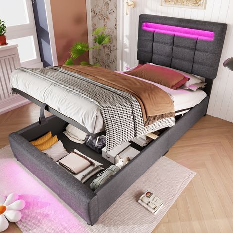 Bett 90x200 cm modern gepolstert in Grau mit Kopfteil, LED 16 Farben per APP, hydraulischem Stauraum und USB (1/5)