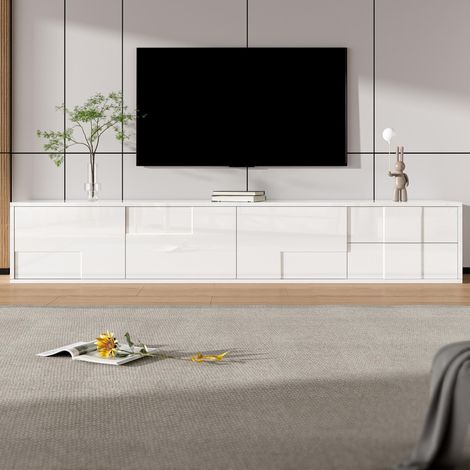 Meuble TV 170 cm blanc brillant sans poignées, 3 portes et 2 tiroirs, grand espace de rangement (1/5)