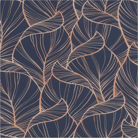 Rasch Rhapsody Navy Blue Leaves Paste The Wall Wallpaper Copper Metallic