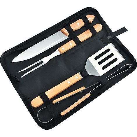 1 Set Grillmesser und -gabel, Grillzubehör-Set, Grillgabel, Grillzange, Grillschaber aus Edelstahl mit Holzgriff