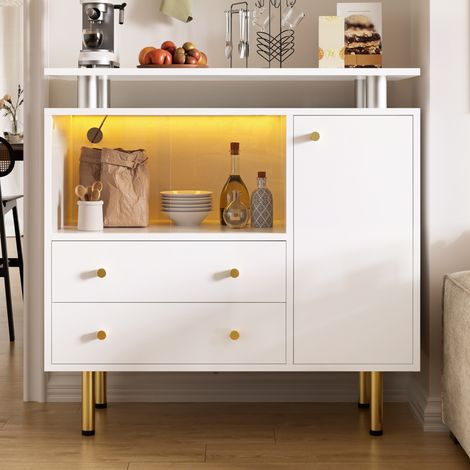 Commode LED Blanche Meuble de Rangement Buffet 2 Portes Coulissantes en Verre 2 Tiroirs Pieds Métal 80x35x80cm (1/5)