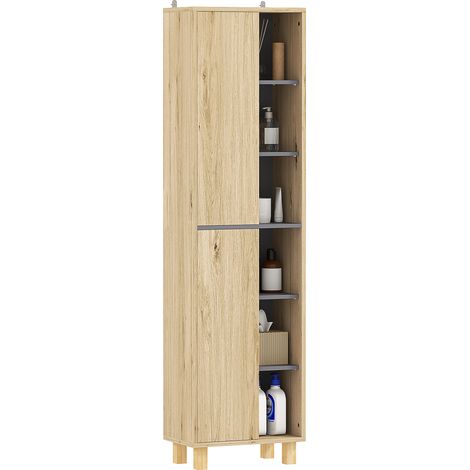 Badezimmerschrank mit Säulenfunktion, Badezimmerschrank mit 6 offenen Fächern und 2 Schränken, Naturholz