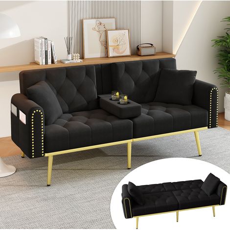 Canapé convertible 175x80x73.5 cm noir en velours avec dossier réglable et porte-gobelet (1/5)