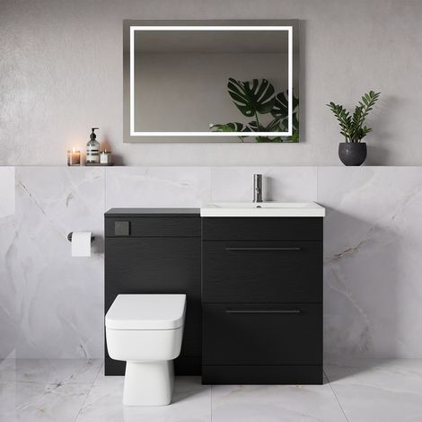 Napoli 390 Nero Oak 1100mm 2 Drawer Vanity Unit Toilet Suite with Glide Basin - 1100mm - Gunmetal Grey 320mm HandleWith Kingston Toilet Pan and Seat