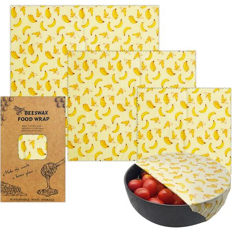 Lot de 3 torchons alimentaires en cire d'abeille avec imprimé banane en trois tailles différentes, emballage réutilisable sans plastique pour fruits, pain et plats de cuisine (1/5)