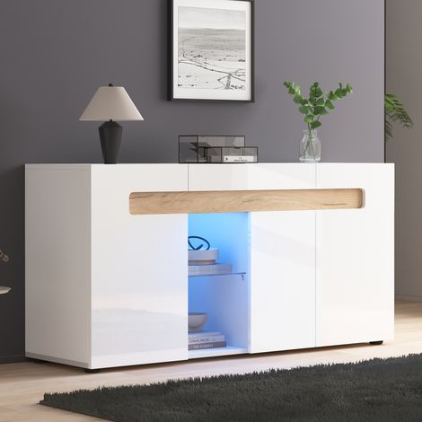 Meuble TV moderne 3 portes, buffet bas avec éclairage LED et contrôle par application, meuble de salon blanc brillant avec étagère en verre, 140x40x70 cm, armoire de rangement pour pièce à vivre. (1/5)