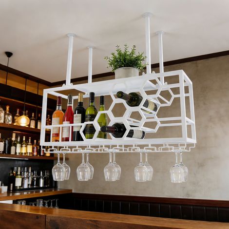 Étagère À Vin,Casier À Vin au Plafond avec Support pour Verres Et Étagère,2 Niveaux Porte-Bouteilles de Vin Suspendu,Casier À Vin Suspendu au Plafond pour Bar,Cuisine, 100x30x40cm, blanc (1/5)