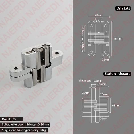(05 25x117mm) 2 Charnières invisibles en acier inoxydable pour portes de placard, charnières en croix dissimulées, quincaillerie pour portes (1/5)