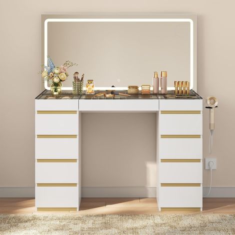 WOLTU Tocador de maquillaje con luces LED, 3 colores, brillo ajustable, espejo HD grande, 11 cajones, blanco y dorado (1/5)