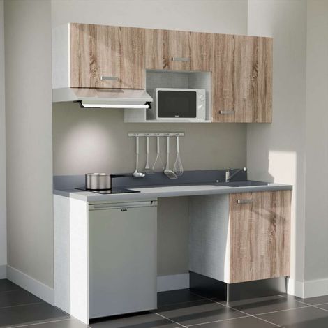 Kitchenette K55L - 180 cm - plan monobloc évier intégré Cromo- évier à droite - Façades Bois + Electroménager inclus coloris Inox