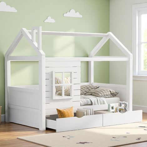 Lit cabane enfant 80 x 160,lit enfant avec barriere,lit enfant cabane avec tiroir,lit junior,lit enfant en bois massif polyvalent,fenêtre et sommier à lattes,blanc