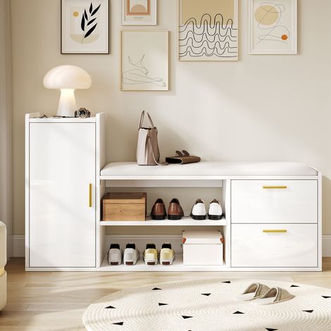 Meuble à chaussures 128 x 30 x 68 cm avec 2 tiroirs, armoire et banc rembourré avec rangement, blanc (1/5)