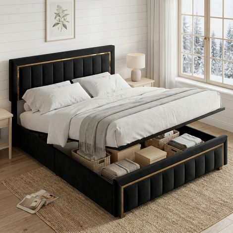 Letto contenitore 160x200 con rete, letto matrimoniale capitonné, letto per adulti con apertura idraulica, bordatura dorata, velluto, stile moderno/scandinavo(160x200cm, Nero)