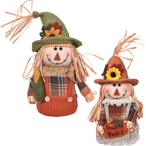Lot de 2 Épuisettes Décoratives Automne Figurines Épouvantail Maïs Bretelles Blanches Décoration Bureau Table Fête des Récoltes Cadeau (1/5)
