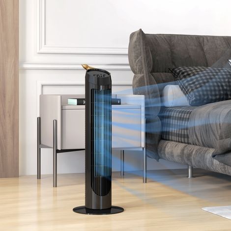 Ventilateur tour 45 W, silencieux et vertical, 3 vitesses, oscillation à 70°, idéal pour le salon, Ø 27 x 75 cm, noir.