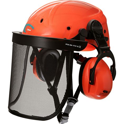 Casque d'élagage pour travaux en hauteur. ABS avec protection intérieure en EPS haute densité et doublure, sans bavette, visière courte en nylon, bandeau de tête réglable par crémaillère. Ventilé. Ave