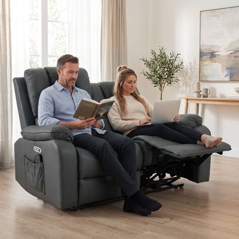 Canapé inclinable électrique 2 places en similicuir avec fonction massage et chauffage, 2 télécommandes, ports USB/USB-C (1/5)