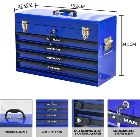 Boîte à outils 4 prises avec serrure métallique - Bleu et Noir