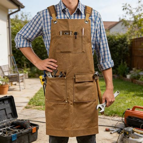 1 - Tablier - Toile - Protection Corps - Menuiserie Électricité Jardinage - Usage Professionnel - Marron - 80x60cm (1/5)