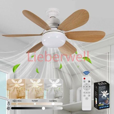 Ventilateur plafond silencieux 40W, lampe E27 6 pales 3 vitesses, salon chambre, grain bois (1/5)