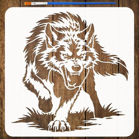 Pochoir de Peinture de Loup avec Pinceau, 30x30cm Pochoir de Loup Hurlant Réutilisable Pochoirs Artisanaux DIY en Plastique pour Peinture sur Bois Sol Mur Carrelage Meuble Décor Maison (1/5)