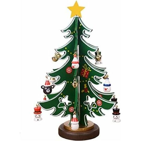 Mini Sapin De Noël - En Bois - 24 Cm Hauteur - Avec 18 Ornements Et Étoile Sommet - Décoration De Table Et Bureau - Vert - 1 Pièce (1/5)