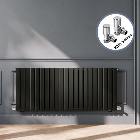 ELEGANT Designer Black Horizontal Radiator 600 x 1428mm Double Panel Flat Panel Rads with Chrome Angled Radiator Valves (1/5)