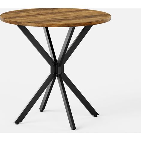 Table ronde style campagnard Ø80 cm, plateau chêne brun rétro, pieds en X acier noir, table à manger 2 personnes pour cuisine, salon, balcon et café