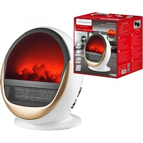 Caminetto Elettrico in Ceramica 750W 1500W con Schermo LED Effetto Fiamma Termocamino Stufa Elettrica Termoventilatore Bianco Oro