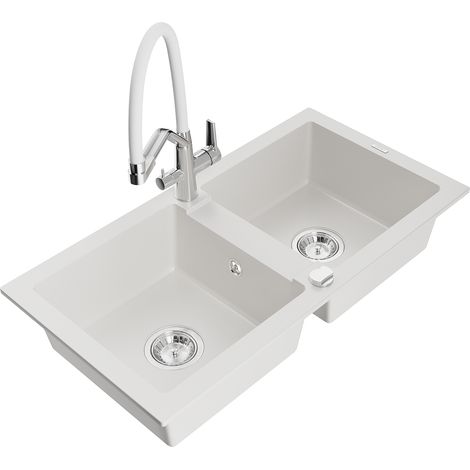 Mexen Mario lavello da cucina in granito a 2 vasche con miscelatore Duo, bianco - 6504-20-671701-02 (1/5)