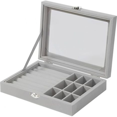 Organisateur de bijoux en velours avec couvercle en verre 9 Grilles + 7 Emplacements pour bagues Herzberg HG05361 (1/3)