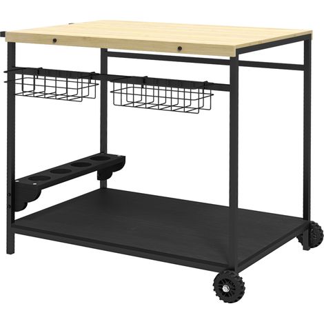 Carro de servicio de madera con 2 niveles, cesta y portavasos HOMVRA (1/5)
