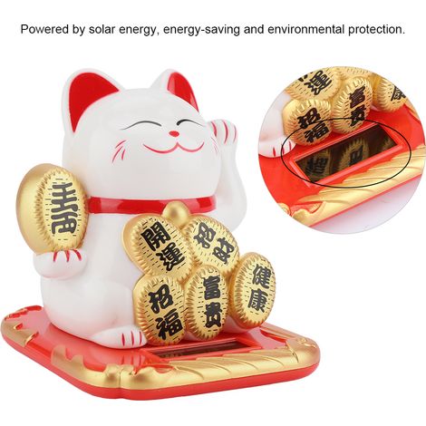 Chaton Porte-bonheur Solaire Blanc - 1 figurine décorative à bras mobile pour voiture, bureau, maison (Plastique, 8.5 cm) (1/5)