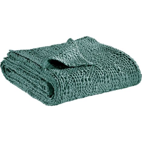 Plaid jeté de lit et canapé en coton stonewashed nid d'abeille Vert-de-gris 180 x 260 cm - PANGIVO (1/4)