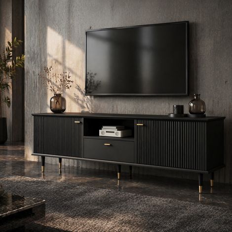 MODFU – Mueble TV 170x36x54 cm de MDF con 2 puertas, cajón, nicho, cierre suave y patas doradas – Negro (1/5)