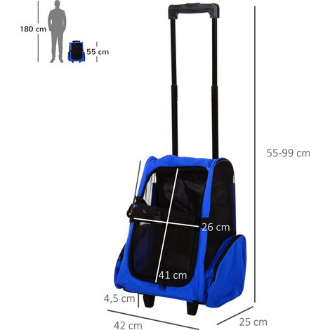 Sac à dos ou trolley de transport 2 en 1 pour chiens et chats. avec 2 roues. poignée rétractable en aluminium et poches. 42 x 25 x 55 cm. bleu (1/5)