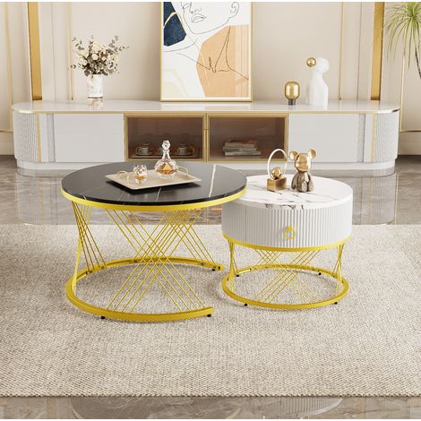 Tavolino da caffè set 2 pezzi MDF nero effetto marmo con cassetto, impilabile 70 cm (1/5)
