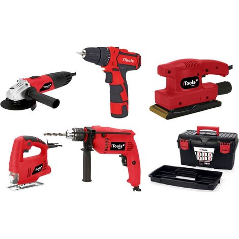 Pack 5 outils Meuleuse 500W Perceuse 500W Visseuse 12V Scie sauteuse 350W Ponceuse 135W + Boite à outils 18' ITOOLS