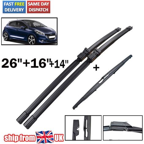 Essuie-glaces plats adaptés aux pare-brise avant et arrière Peugeot 208 12-18, taille 26+16+14. (1/3)