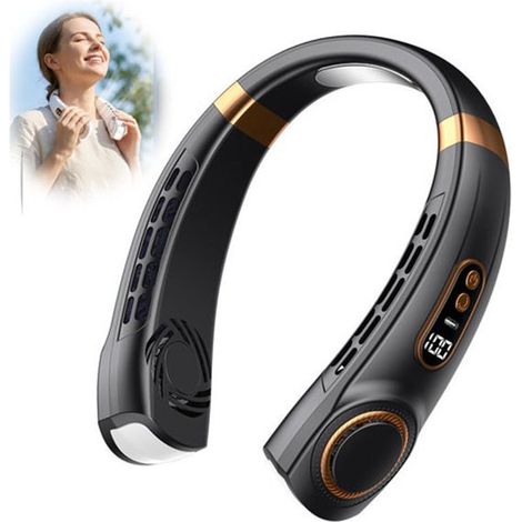 Ventilateur de cou portable avec écran LED et éclairage, rechargeable, pour extérieur, sport et marche, noir (1/5)