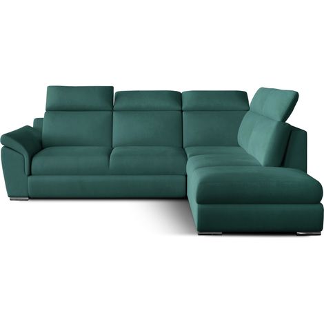 Canapé d'angle convertible en velours KEPITA - Appuis-tête réglables et rangement-Bleu canard-angle droit (1/5)