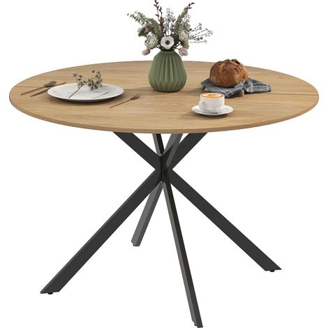 Table à manger ronde pour 4 personnes 120 cm style industriel avec plateau aspect bois, piètement croisé en acier, chêne