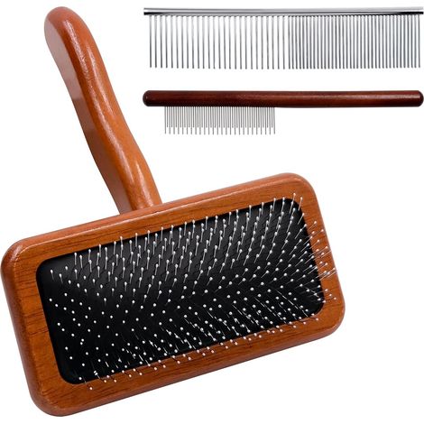Brosse ergonomique en bois pour chien à poils moyens ou longs avec coussin d'air et embouts enduits pour peau sensible des animaux domestiques, convient pour enlever les poils morts et les (1/5)