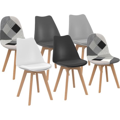 Idmarket – Lot de 6 chaises scandinaves patchwork – Dossier ergonomique – Assise rembourrée – Pieds en bois d'hévéa – Couleurs gris foncé, gris clair, blanc, noir