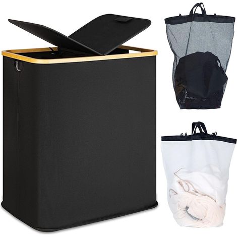 Panier à linge double 140L en bambou et lin – Noir