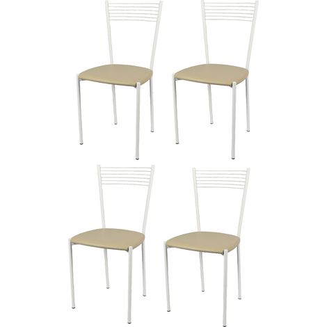 Tommychairs - Set 4 sedie modello Elegance per cucina bar e sala da pranzo, struttura in acciaio verniciata colore bianco e seduta imbottita e rivestita in pelle artificiale colore lino (1/5)