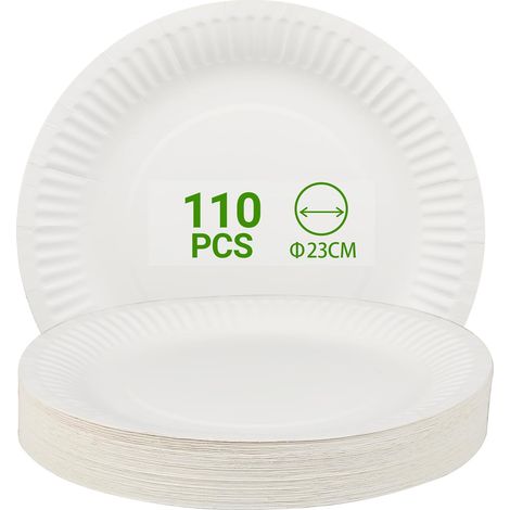 110 Assiettes en carton 23 cm, blanches, robustes, pour anniversaire, barbecue, fête (1/5)