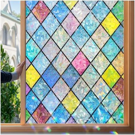 Vitrail Film Fenetre Anti Regard Effet Arc en Ciel 30 x 100cm Motif en Losanges Film Electrostatique Vitre Non Adhesif Décoratif Anti UV Brise Vue Fenetre pour Chambre Cuisine (1/5)