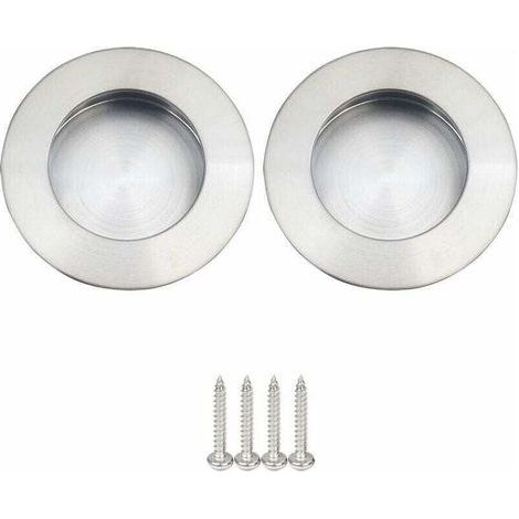 Lot de 2 Poignées Rondes Encastrables pour Porte Coulissante Acier Inoxydable Poignée Porte Coulissante Ronde Brossé Satiné -Argent (1/4)